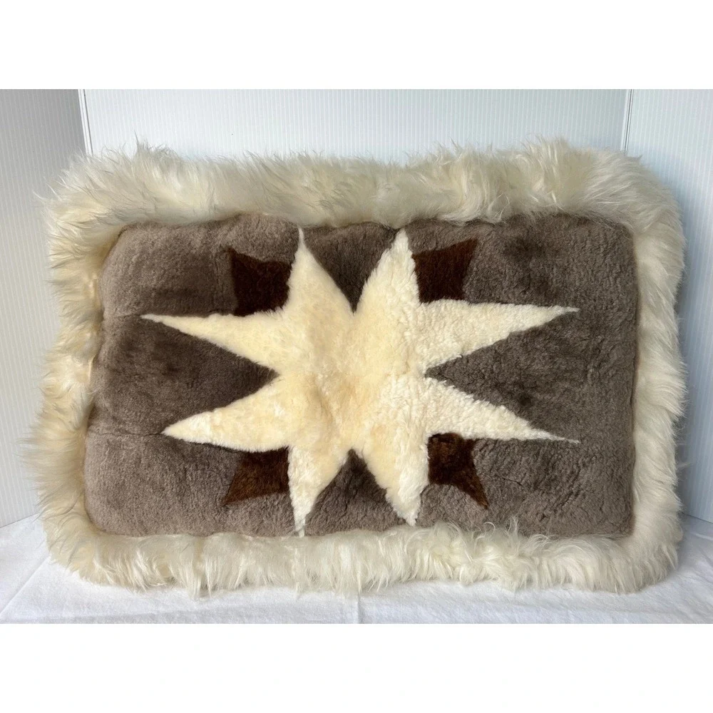 Unique Sheepskin Pillow Star Design Rustic Farmhouse Accent Decor